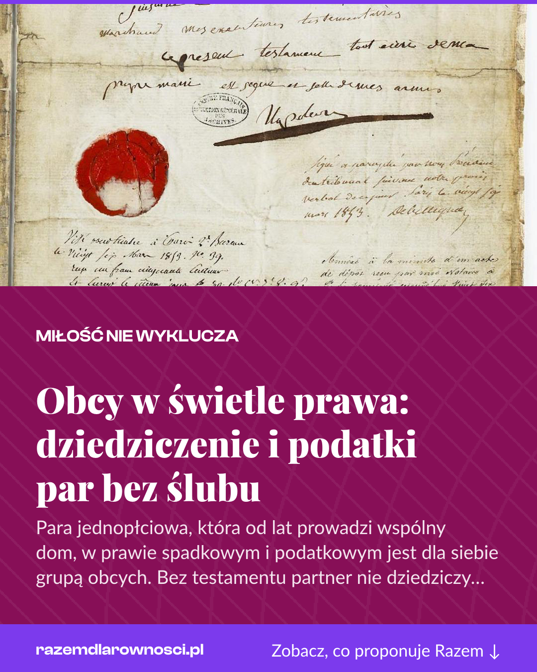 Grafika pionowa do udostępnienia: Obcy w świetle prawa: dziedziczenie i podatki par bez ślubu