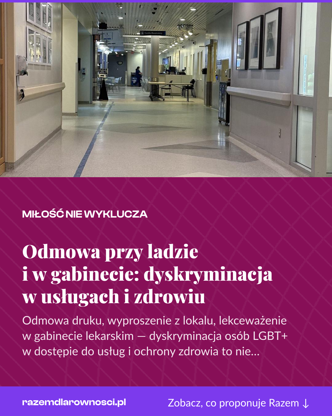 Grafika pionowa do udostępnienia: Odmowa przy ladzie i w gabinecie: dyskryminacja w usługach i zdrowiu