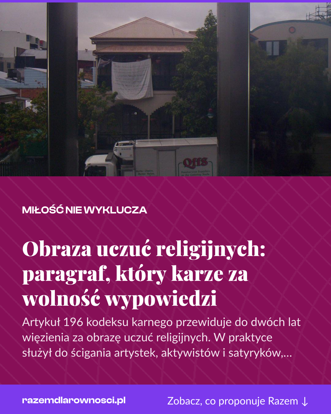 Grafika pionowa do udostępnienia: Obraza uczuć religijnych: paragraf, który karze za wolność wypowiedzi