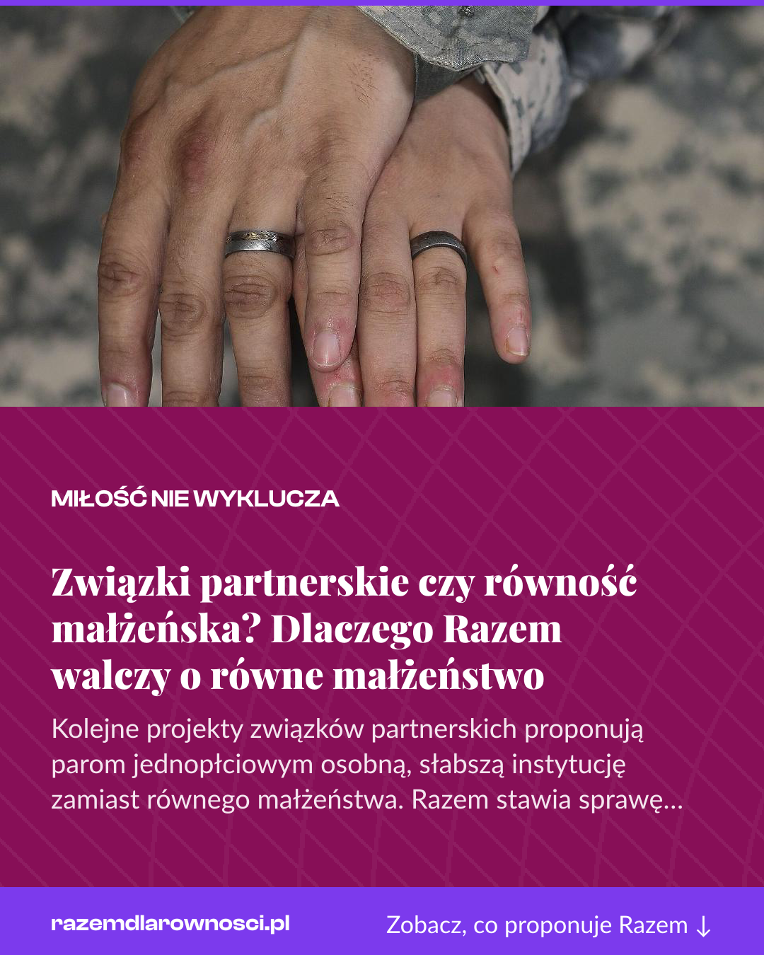 Grafika pionowa do udostępnienia: Związki partnerskie czy równość małżeńska? Dlaczego Razem walczy o równe małżeństwo