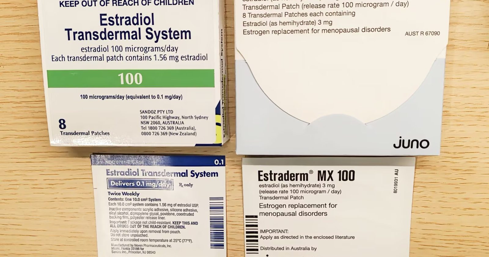 Opakowania estradiolu w plastrach transdermalnych — lek hormonalny (estrogen) stosowany m.in. w terapii hormonalnej i tranzycji medycznej